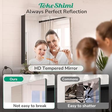 TokeShimi 24 x 32 Mirrored Medicine Cabinet Recessed or Surface Mount, Aluminum Tempered Bathroom Medicine Cabinet with Mirror with Storage Black Stepless Adjustable Metal Shelves Farmhouse - Image 7