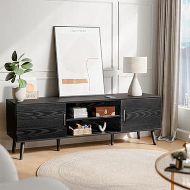 SUPERJARE TV Stand for 55 Inch TV, Entertainment Center with Adjustable Shelf, 2 Cabinets, TV Console Table, Media Console, Solid Wood Feet, Cord Holes, for Living Room, Bedroom, Black - Image 3