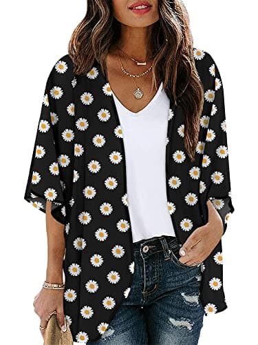 Chunoy Women's Summer Short Sleeve Floral Chiffon Kimono Cardigan Open Front Beach Wear Loose Cover Up Black Medium - Image 1