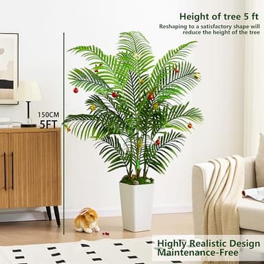 Artificial Palm Tree Artificial Silk Plant Fake Tree with White Tall Planter Faux Tropical Areca Floor Plant in Pot (1, White Tall Planter, 5 FT) - Image 2