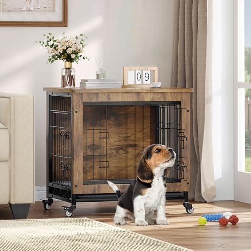 YITAHOME Dog Crate Furniture with Cushion, Dog Kennel Indoor with Wheels, 27" Dog Cage with Double Doors for Small Dog (Rustic Brown) - Image 1