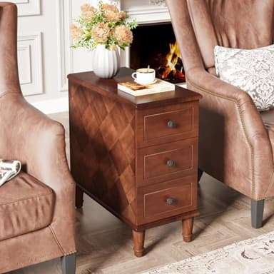 Tribesigns Solid Wood End Table, Fully Assembled Narrow Side Table with Drawers, Pre-Assembled Nightstand Slim Bedside Table for Small Spaces, Living Room, Bedroom, Brown - Image 4