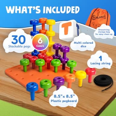 Skoolzy Peg Board Set - Montessori Toys for 2 Year Old - 33 Pc Plastic Peg Board for Kids - Occupational Therapy Toys with Pegs, Dice, Lacing String & Storage Bag - Image 9