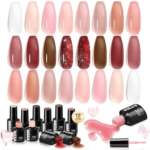 MEFA Jelly Gel Nail Polish Set, 12 Colors Jelly Red Glitter Nail Polish Set Nude Pink Milky White Nail Polish Gel Neutral Transparent Sheer Red Gel Nail Gifts for Women Girl DIY Salon Home Manicure - Image 1