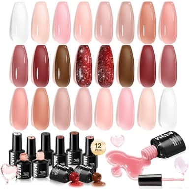 MEFA Jelly Gel Nail Polish Set, 12 Colors Jelly Red Glitter Nail Polish Set Nude Pink Milky White Nail Polish Gel Neutral Transparent Sheer Red Gel Nail Gifts for Women Girl DIY Salon Home Manicure - Image 1