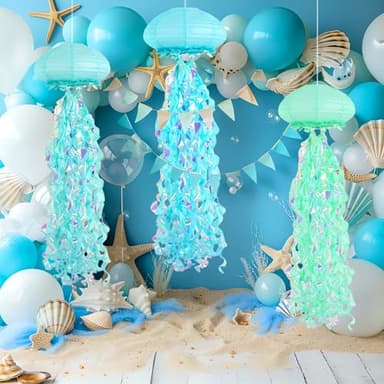 Jellyfish Paper Lanterns, under the sea party decorations, Light Blue Green Cyan Hanging Jelly Fish Lantern for Kids Birthday Decors Ocean Themed party Baby Shower Room Decorations - Image 4