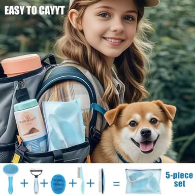 5-in-1 Grooming Kit - Supplies for Short and Long Hair Dogs, Bath Brush, Dematting Rake and Comb (Set of 5, Blue) - Image 8