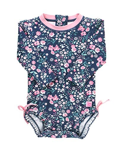 RuffleButts Baby Girls UPF 50+ Sun Protection Floral Printed Long Sleeve One Piece Rash Guard Swimsuit with Zipper - Moonlit Meadow, 6-12m - Image 1