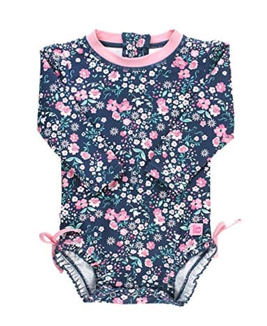 RuffleButts Baby Girls UPF 50+ Sun Protection Floral Printed Long Sleeve One Piece Rash Guard Swimsuit with Zipper - Moonlit Meadow, 6-12m - Image 1