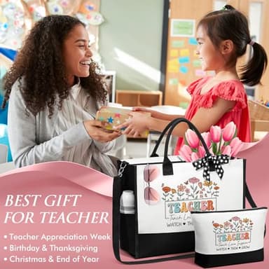 Best Teacher Appreciation Gifts for Women, End of Year Teacher Gifts from Student, Retirement Birthday Thank You Gifts Set for Teachers w/ Canvas Tote Bag & Makeup Bag Funny Daycare Teacher Gifts - Image 3