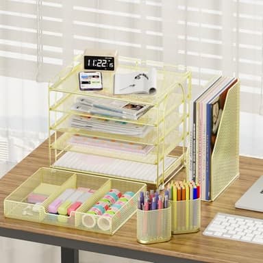 OPNICE Desk Organizers and Accessories, 5-Tier Paper File Organizer with Drawer & Pen Holder, Office Desk Accessories Workspace Desktop Organizer for Office Supplies(Gold) - Image 5