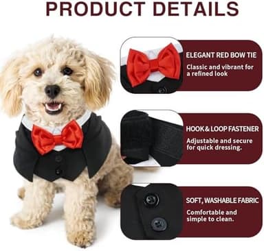 Small Dog Tuxedo Dog Suit and Tie Dog Wedding Bandana Adjustable Collar Red Bowtie Dog Parties Birthday Bandana Boy Girl Dog Formal Costume Wedding Outfit for Small Dogs Yorkie,Toy Poodle IKIPUKO - Image 6