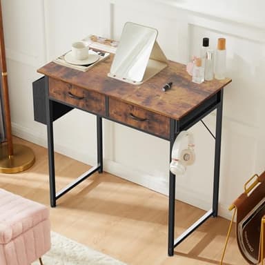 Sweetcrispy Computer Desk Small 32 Inch Home Office Bedroom Writing Study PC Table with Fabric Storage Drawers Space Side Bag Headphone Hook Adjustable Feet Modern Simple Style, Rustic Brown - Image 7