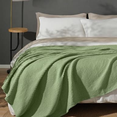 PHF 100% Cotton Waffle Weave Blanket King Size for Bed,Snag Proof Lightweight Breathable Moisture-Wicking Throw for Couch,Great for Layering in Cold Weather,Machine Washable,Home Decor-Loden Green - Image 1