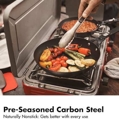 OXO Outdoor 8 Piece Camping Cookware Set, 10" Pre-Seasoned Carbon Steel Frying Pan Skillet, 2.25QT and 5QT Stainless Steel Saucepans with Lids, Removeable Handle, Trivet, Travel Bag, Space-Saving - Image 6