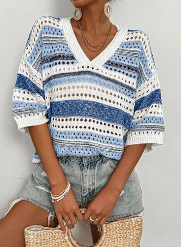 Acelitt Womens Spring Summer Short Sleeve Crochet Sweater 2025 Fashion Trendy Hollow Out V Neck Striped Knitted Tops Beach Vacation Cruise Outfits Resort Wear Blue XX-Large - Image 6