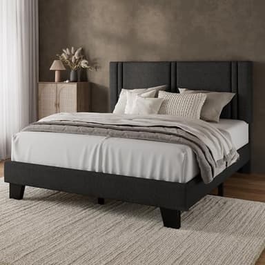iPormis Queen Platform Bed Frame with Fabric Upholstered Headboard & Thickened Legs, Mattress Foundation w/Solid Wooden Slats Support, Noise Free, No Box Spring Needed, Dark Grey - Image 8