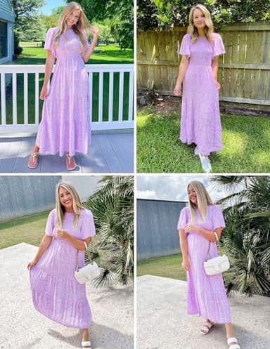 ZESICA Women's 2025 Summer Casual Floral Print Short Flutter Sleeve Crew Neck Smocked High Waist Flowy Maxi Dress,Purple,Medium - Image 5