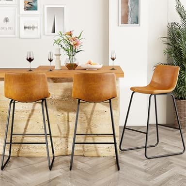 Aowos Bar Stools Set of 2, Modern Counter Height Bar Stools with Back, 26 inch Faux Leather Bar Stools with Metal Legs and Footrest, Urban Armless Dining Chairs for Kitchens Island (Brown) - Image 4