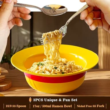 Ceramic Anime Style Straw Hat Ramen Bowl Set, Hammered Stainless Steel Fork & Spoon, Good ideal Gift Anime Merchandise for OP Fans(Captain’s Feast Edition) - Image 4