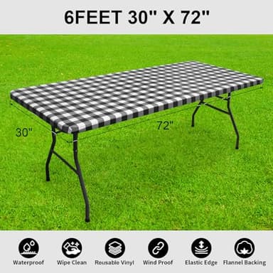 Smiry Rectangle Picnic Table Cloth, Elastic Waterproof Fitted Vinyl Tablecloths, Flannel Backed Buffalo Plaid Table Covers for Dining, Camping, Outdoor (Black and White, 30" x 72") - Image 7