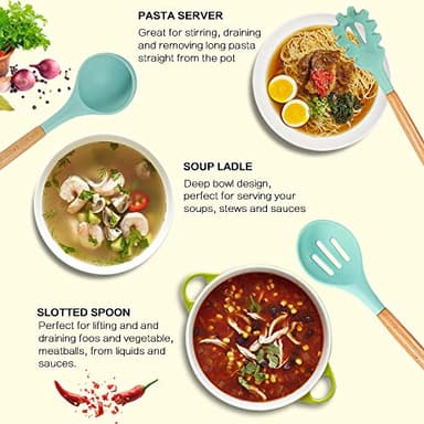 MIBOTE Silicone Cooking Kitchen Utensils Set with Holder, Wooden Handles Cooking Tool BPA Free Turner Tongs Spatula Spoon Kitchen Gadgets Set for Nonstick Cookware (Teal) - Image 6