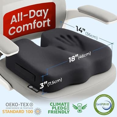 Seat Cushion for Office Chairs - Fits 18"x14" Seats, Tailbone, Coccyx Pain Relief - Butt, Pressure & Sciatica Relief - Gaming, Wheelchair, Car & Desk Pillow, Black - Image 2