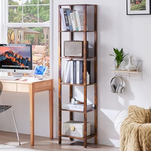 YUFAM 66in Tall Bookshelf 6-Tier Small Narrow Bookcase, Skinny Book Shelf for Small Space, Farmhouse Slim Shelf with Storage, Wood Freestanding Display Thin Bookshelves for Living Room, Office, Brown - Image 1