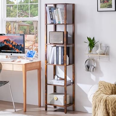 YUFAM 66in Tall Bookshelf 6-Tier Small Narrow Bookcase, Skinny Book Shelf for Small Space, Farmhouse Slim Shelf with Storage, Wood Freestanding Display Thin Bookshelves for Living Room, Office, Brown - Image 1