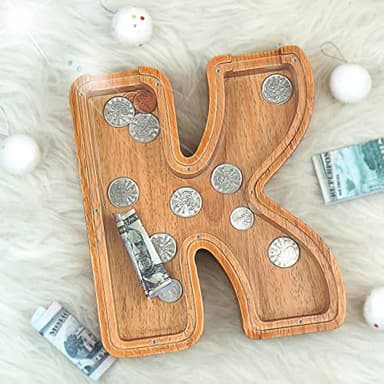 Piggy Bank for Kids Boys Girls, Large Personalized Wooden Letter Piggy Bank with Cut-Out Design, Alphabet Letter Coin Banks, Money Savings Box, Wooden Bank for Kids Creative Gift for Real-Money(K) - Image 4