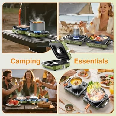 ODSD 2 Burner Camping Stove with Windshield, 20000 BTU Propane Camp Stove, Portable Folding Gas Stove, Camping Essentials Gears Includes Frying Pan, Coffee Stand & Carry Bag, Green - Image 9
