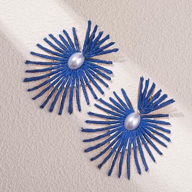 Burst Statement Earrings Raffia Pearl Earrings Gold Heart Boho Dangle Earrings Trendy Summer Jewelry for Women(Royal Blue) - Image 4