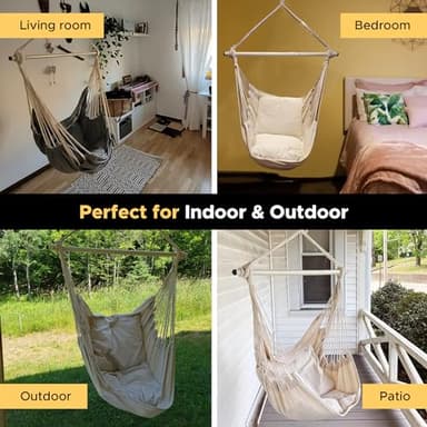 ADVOKAIR Hammock Chair Hanging Chair Swing Large Indoor with Anti-Slip Steel Spread Bar and Pocket-Max 500lbs-2 Cushions, Perfect for Bedroom,Outdoor,Patio, Porch,Backyard… - Image 6