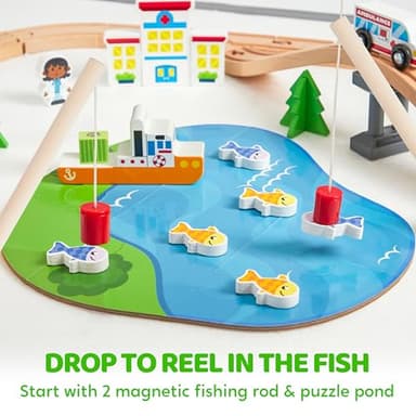 110PCS Wooden Train Set - Urban Journey, City Scene Railway Set with Magnetic Trains, Cars, Helicopter & Ship, Perfect Christmas Birthday Toy Gift for Kids Toddlers Boys Girls Ages 3-8 - Image 4