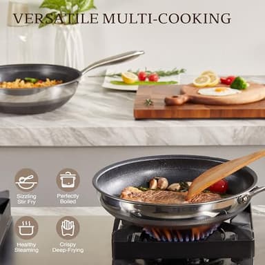 KITEXPERT Non Stick Wok Pan with Lid,12" Titanium Ceramic Pan Nonstick Stainless Steel Stir-fry Pans, PFAS PFOA & PTFE Free, Quick-Cool Handle, Dishwasher & Oven Safe, Compatible with All Cooktops - Image 3