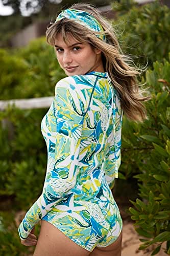 AXESEA Womens Long Sleeve Rash Guard UV UPF 50+ Sun Protection Printed Zipper Surfing One Piece Swimsuit Bathing Suit Green(White) - Image 5