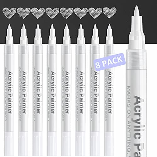AKARUED White Paint Pen Acrylic Marker: 8 Pack 0.7mm White Paint Marker for Black Paper, Metal, Wood, Plastic, Ceramic, Metallic, Rock Painting, Drawing, Extra Fine Point, Ideal for Artist & Students - Image 1