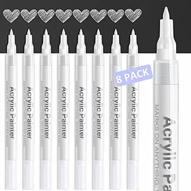 AKARUED White Paint Pen Acrylic Marker: 8 Pack 0.7mm White Paint Marker for Black Paper, Metal, Wood, Plastic, Ceramic, Metallic, Rock Painting, Drawing, Extra Fine Point, Ideal for Artist & Students - Image 1