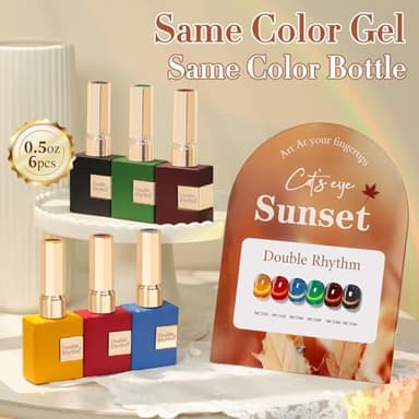 Double Rhythm Cat Eye Gel Nail Polish Set of 6 Same Color Same Bottle 0.5 Oz Shimmer Glitter with Magnet Holographic Reflective Magnetic UV Polish Kit (Golden Black Brown Red Blue Green-T6-33) - Image 2