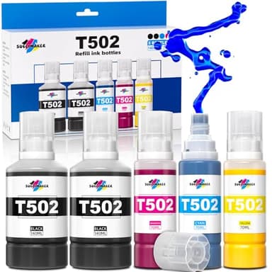 502 Ink Refill Bottles Compatible Replacement for Epson Ecotank ET-3760 ET-2850 ET-3850 ET-2760 ET-15000 ET-4760 ET-4850 ET-2750 ET-3750 ET-3830 Printers, T502 Ink Refill Bottles (5 Pack) - Image 1