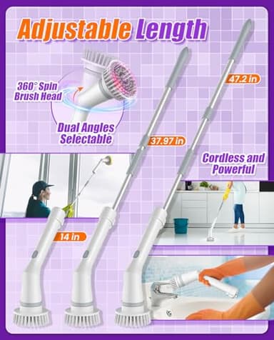 NBONEBS Electric Spin Scrubber, Cordless Shower Scrubber Rotary Floor Brushes & Pad Drivers with 6 Brush Heads - 2H Dual Speed, IPX7 Waterproof Extension Handle for Bathroom Tile Car Cleaning (White) - Image 5