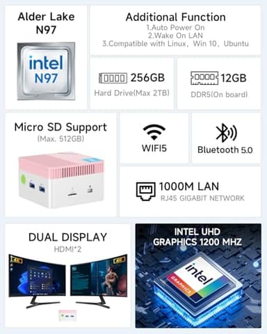 GMKtec Mini PC NucBox G5, Intel 12th Gen Alder Lake N97 (up to 3.6GHz), 12GB RAM 256GB M.2 SSD, Home, Business, Office Mini Computer, 4K UHD Dual HDIMI, RJ45-Pink - Image 2