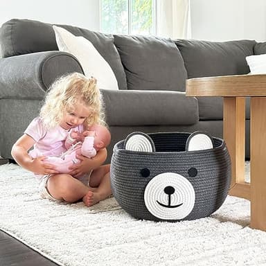 CherryNow Cotton Rope Baby Cute Storage Basket for Organizing, Toy Woven Rope Bear Basket for Kids, Empty Gift Baskets with Handles, Grey, 15.7" D x 10.5" H - Image 5