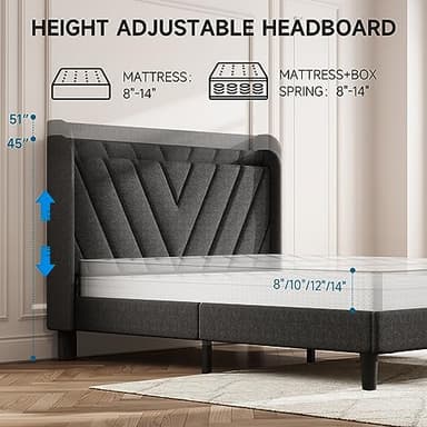 koorlian Queen Bed Frame with Headboard, Adjustable Upholstered Platform Bed Frame with Type-C&USB Ports, Wingback Storage Headboard, Solid Wood Slats Support, No Box Spring Needed, Dark Gray - Image 6