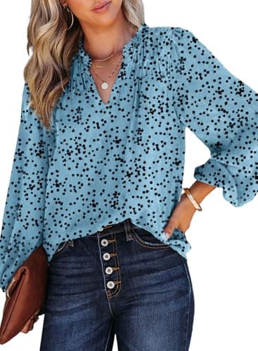 Dokotoo Womens Oversized Cute Tops for Women 2025 Trendy Casual Summer Fall Clothes Smocked Long Sleeve Shirts V Neck Blouses Alicia Floral Flowy Print Work Business Top Sky Blue XX-Large - Image 1