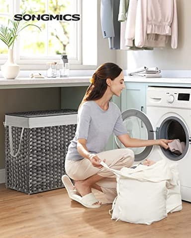 SONGMICS 130L Clothes Hamper with Lid, 2 Removable Liner Bags, 6 Mesh Bags, Wicker, Double Laundry Basket for Bathroom, 13 x 26 x 23.6 Inches, Gray ULCB253G01 - Image 2