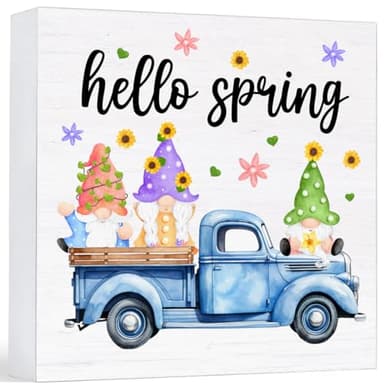 Spring Decor Farmhouse Wood Sign Spring Gnomes Decorations Country Home Table Desk Decor (5 x 5 Inches) - Image 1