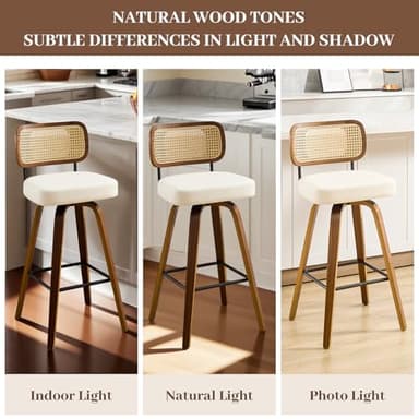 Bekrvio Swivel Counter Height Bar Stools Set of 3, Upholstered Faux Leather Barstools with Rattan Back, 26" Seat Height Bar Chairs for Kitchen Island, Bentwood Wood Frame, Cream White - Image 7