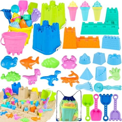REZUCREY Beach Toys for Kids Toddlers, Sand Castle Toys with 4 Sand Bucket and Shovels, Mesh Bag & Molds, Ice Cream Travel Sandbox for Beach Sandbox for Toddlers Kids Baby Boys Girls Age 3-10 - Image 1