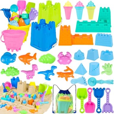 REZUCREY Beach Toys for Kids Toddlers, Sand Castle Toys with 4 Sand Bucket and Shovels, Mesh Bag & Molds, Ice Cream Travel Sandbox for Beach Sandbox for Toddlers Kids Baby Boys Girls Age 3-10 - Image 1